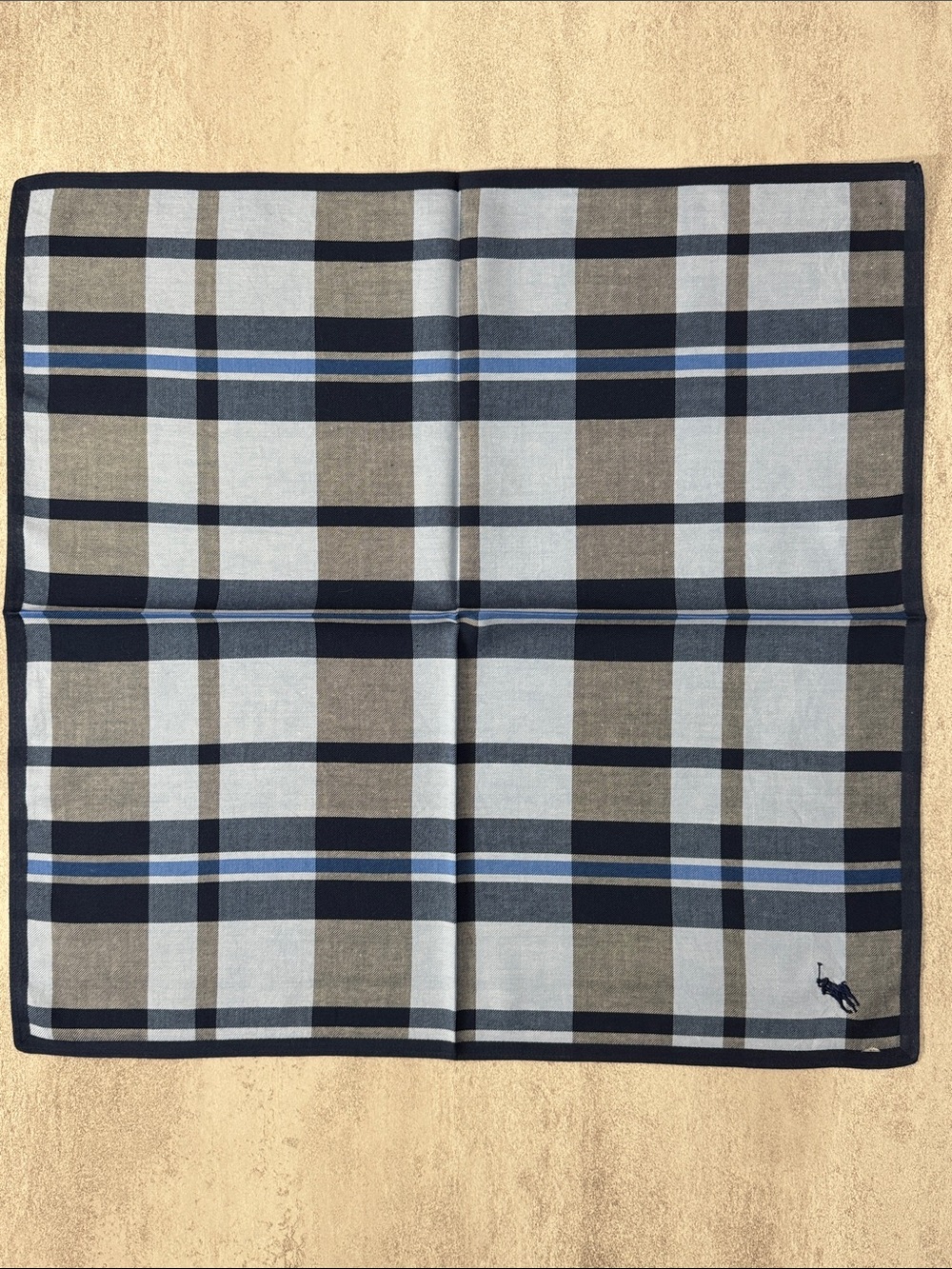 Polo by Ralph Lauren Navy, Light Blue & Tan Plaid Pocket Square